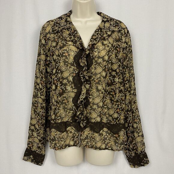 Vintage Liz Claiborne Top Womens 8 Medium Brown Sheer Floral Lacy Cottage Fairy - Picture 1 of 13